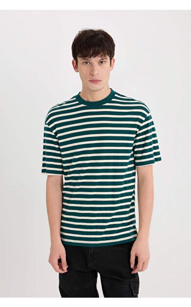 DeFacto Boxy Fit Bisiklet Yaka Çizgili Kısa Kollu Ağır Kumaş Tişört