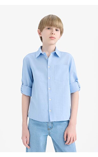 DeFacto Erkek Çocuk Polo Yaka Keten Görünümlü Uzun Kollu Gömlek B5983A825SMBE768