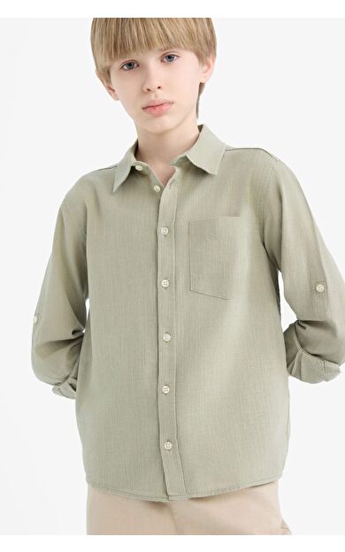 DeFacto Erkek Çocuk Polo Yaka Keten Görünümlü Uzun Kollu Gömlek B5983A825SMGN1110