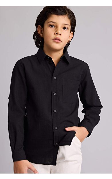 Regular Fıt Polo Yaka Keten Görünümlü Uzun Kollu Gömlek Erkek Çocuk