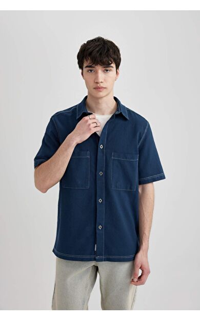 DeFactoFit Relax Fit Keten Kısa Kollu Gömlek