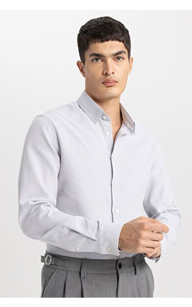 DeFacto Slim Fit Polo Yaka Petek Dokulu Uzun Kollu Gömlek B6476AX24SPGR221