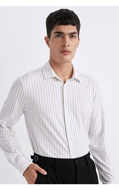 DeFacto Slim Fit Polo Yaka Çizgili Penye Uzun Kollu Gömlek