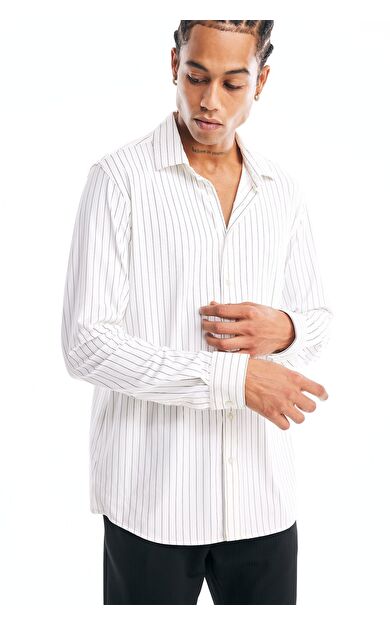 DeFacto Slim Fit Dar Kesim Polo Yaka Çizgili Penye Uzun Kollu Gömlek