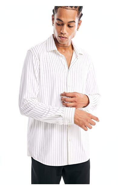 DeFacto Slim Fit Dar Kesim Polo Yaka Çizgili Penye Uzun Kollu Gömlek