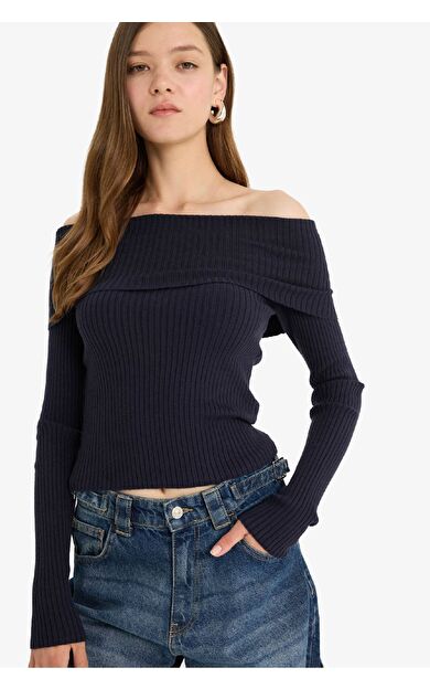 DeFacto Coool Slim Fit Dar Kesim Açık Omuz Triko Kazak B6537AX25WNNV31