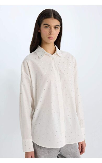 DeFacto Yılbaşı Temalı Oversize Fit Geniş Kalıp Gömlek Yaka Poplin Uzun Kollu Gömlek
