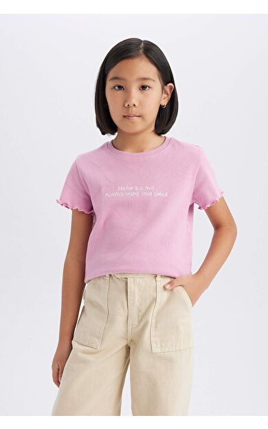 DeFacto Kız Çocuk Slim Fit Dar Kesim Bisiklet Yaka Baskılı Fitilli Kaşkorse Kısa Kollu Tişört B6689A825SMPN444