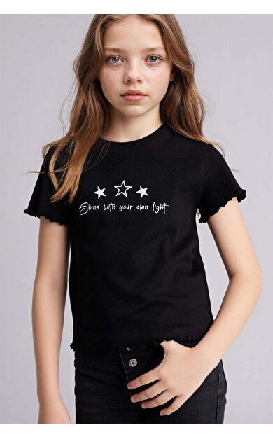 Slım Fıt Desenli Fitilli Kaşkorse Tişört Kız Çocuk