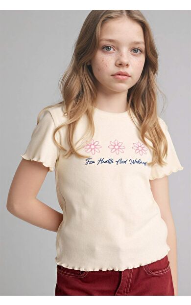Slım Fıt Desenli Fitilli Kaşkorse Tişört Kız Çocuk