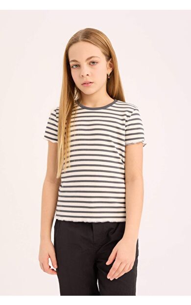 DeFacto Kız Çocuk Slim Fit Dar Kesim Bisiklet Yaka Çizgili Fitilli Kaşkorse Kısa Kollu Tişört