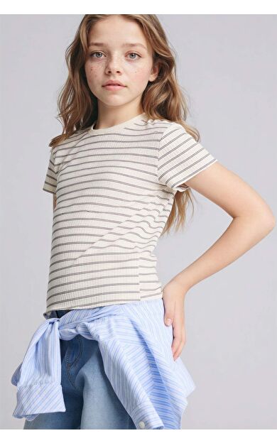 Slım Fıt Bisiklet Yaka Çizgili Fitilli Kaşkorse Kısa Kollu Tişört Kız Çocuk