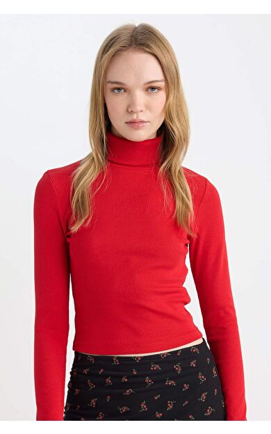 Kadın Kırmızı Coool Fitted Balıkçı Yaka Fitilli Kaşkorse BasicDüz Uzun Kollu Tişört