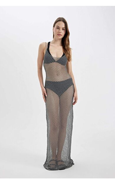 DeFactoFit Fall in Love Regular Fit Kolsuz File Maxi Plaj Elbisesi