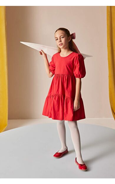 DeFacto Kız Çocuk 23 Nisan Çocuk Bayramı Bsiiklet Yaka Pamuklu Kısa Kollu Kırmızı Elbise