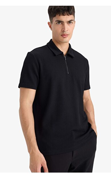 DeFacto Regular Fit Polo Yaka Yarım Fermuarlı Pilise Kısa Kollu Tişört