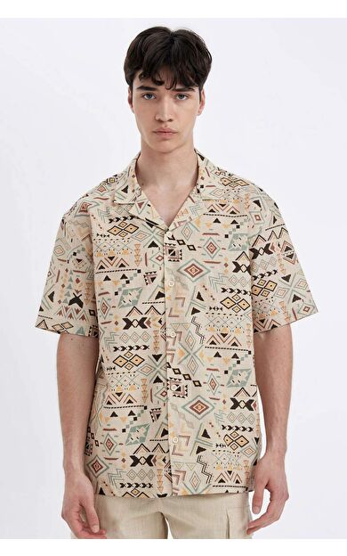 DeFactoFit Regular Fit Apaş Yaka Etnik Desenli Pamuklu Kısa Kollu Gömlek