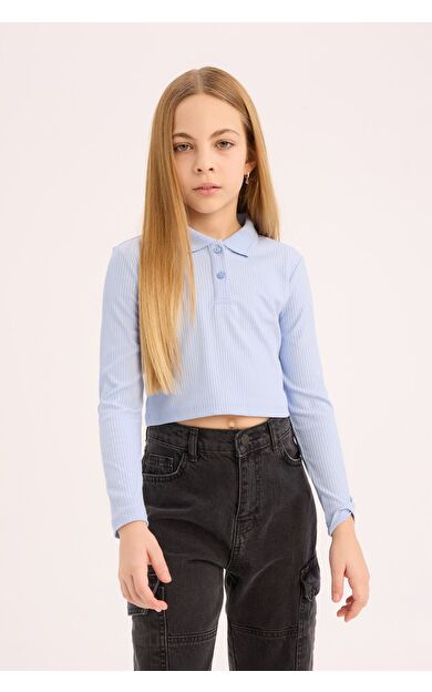 DeFacto Kız Çocuk Slim Fit Dar Kesim Ribana Uzun Kollu Polo Tişört B7407A825SPBE196