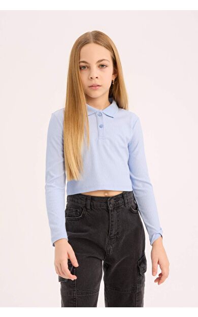 DeFacto Kız Çocuk Slim Fit Dar Kesim Ribana Uzun Kollu Polo Tişört B7407A825SPBE196