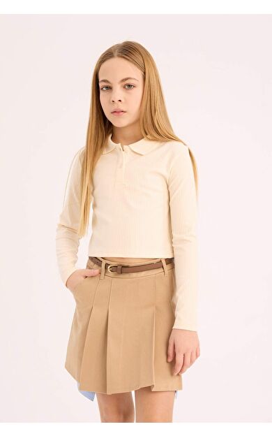 DeFacto Kız Çocuk Slim Fit Dar Kesim Ribana Uzun Kollu Polo Tişört B7407A825SPER134