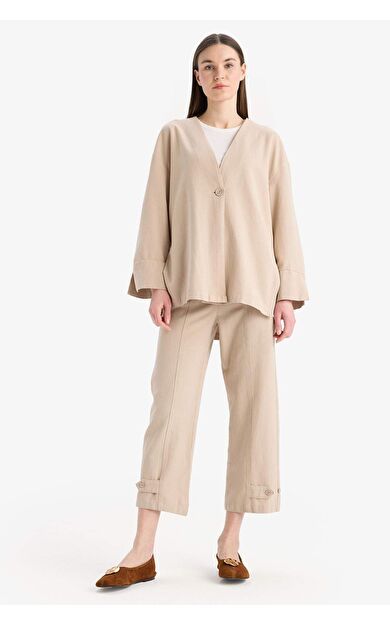 DeFacto Keten Karışımlı Basic Düz Kısa Paça Harem Pantolon