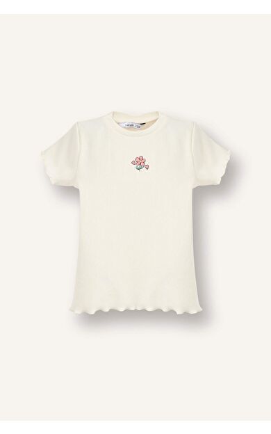 Regular Fıt Bisiklet Yaka Çiçekli Fitilli Kaşkorse Kısa Kollu Tişört Kız Bebek