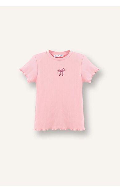 Regular Fıt Bisiklet Yaka Çiçekli Fitilli Kaşkorse Kısa Kollu Tişört Kız Bebek