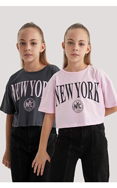 Kız Çocuk Crop Bisiklet Yaka 2'li Kısa Kollu Tişört B7795A8NSAR104