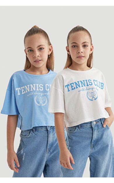 Kız Çocuk Crop Bisiklet Yaka 2'li Kısa Kollu Tişört B7795A8NSBE304