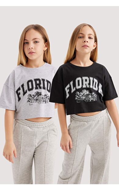 Kız Çocuk Crop Bisiklet Yaka 2'li Kısa Kollu Tişört B7795A8NSBK81