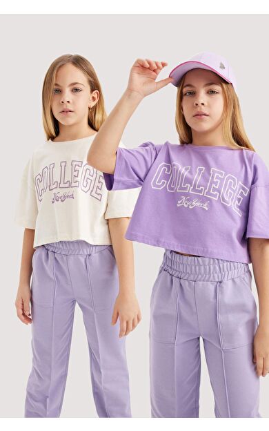 Kız Çocuk Crop Bisiklet Yaka 2'li Kısa Kollu Tişört B7795A8NSER238