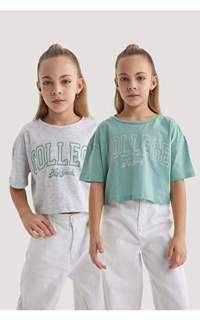 Kız Çocuk Crop Bisiklet Yaka 2'li Kısa Kollu Tişört B7795A8NSGN1164