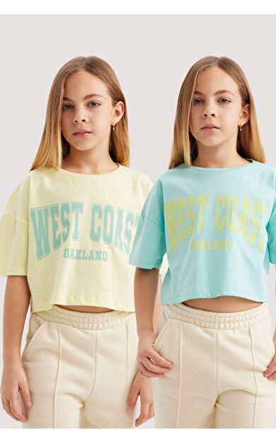 Kız Çocuk Crop Bisiklet Yaka 2'li Kısa Kollu Tişört B7795A8NSYL78