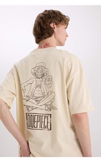 DeFacto One Piece Oversize Geniş Kalıp Bisiklet Yaka Baskılı Kısa Kollu Tişört