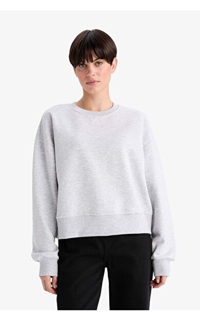 Boxy Fit Bisiklet Yaka Basic Düz Sweatshirt