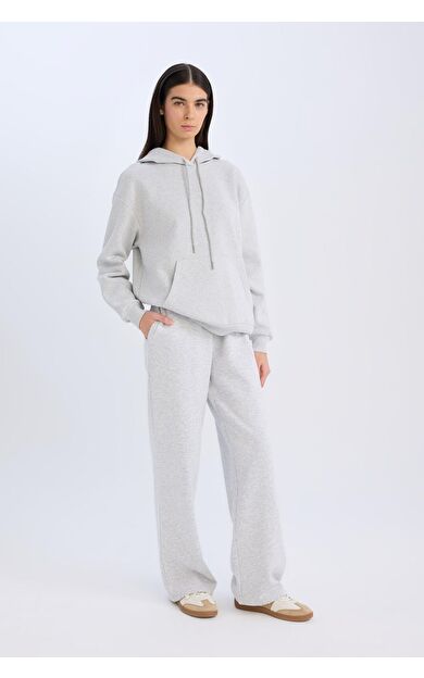 DeFacto Straight Fit Beli Lastikli Cepli Yüksek Bel Kalın Basic Düz Eşofman Altı B8571AX24WNGR93