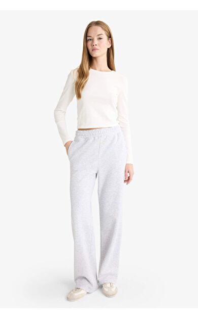 Straight Fit Basic Düz Cepli Yüksek Bel Kalın Sweatshirt Kumaşı Pantolon
