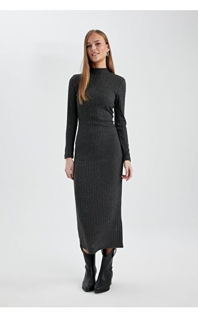 DeFacto Bodycon Yarım Balıkçı Yaka Maxi Uzun Kollu Elbise
