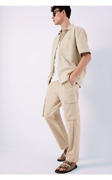 Wide Leg Kargo Cepli Keten Görünümlü Pantolon