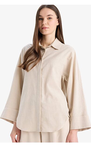 Relax Fit Keten Karışımlı Uzun Kollu Gömlek Tunik