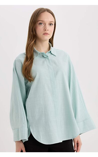 Relax Fit Keten Karışımlı Uzun Kollu Gömlek Tunik