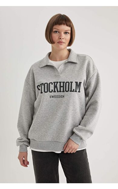 Relax Fit Düğmeli Polo Yaka Kalın Sweatshirt