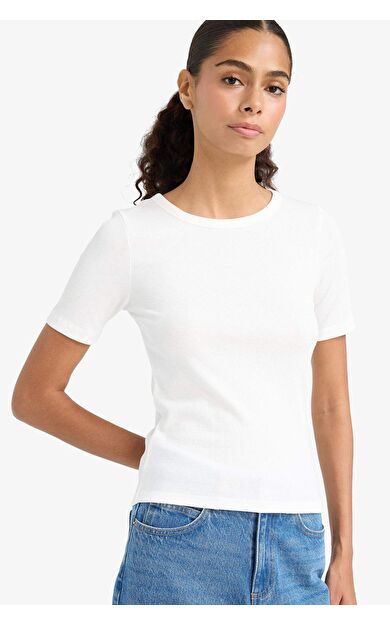 DeFacto Slim Fit Dar Kesim Bisiklet Yaka Basic Düz Fitilli Kaşkorse Kısa Kollu Tişört C0097AX25AUER105