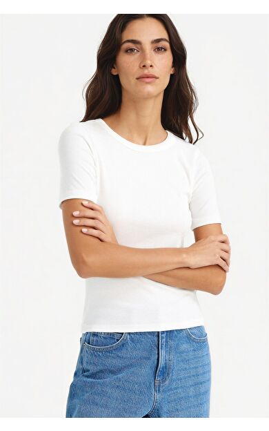 DeFacto Slim Fit Dar Kesim Bisiklet Yaka Basic Düz Fitilli Kaşkorse Kısa Kollu Tişört C0097AX25AUER105