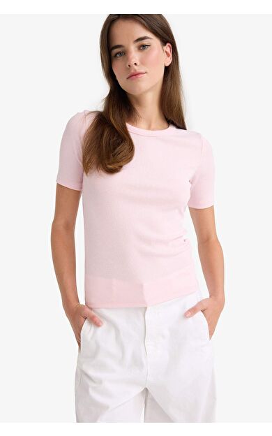 DeFacto Slim Fit Dar Kesim Bisiklet Yaka Basic Düz Fitilli Kaşkorse Kısa Kollu Tişört C0097AX25AUPN648