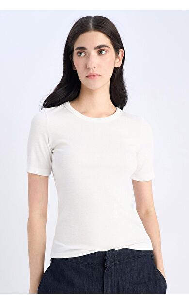 DeFacto Slim Fit Dar Kesim Bisiklet Yaka Basic Düz Fitilli Kaşkorse Kısa Kollu Tişört C0097AX25SPER105