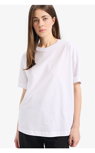 DeFacto Oversize Geniş Kalıp Bisiklet Yaka Basic Düz Penye Kısa Kollu Tişört C0099AX25SPWT34