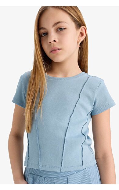 DeFacto Kız Çocuk Slim Fit Dar Kesim Bisiklet Yaka Basic Düz Ribana Kısa Kollu Tişört C0104A825SMBE760