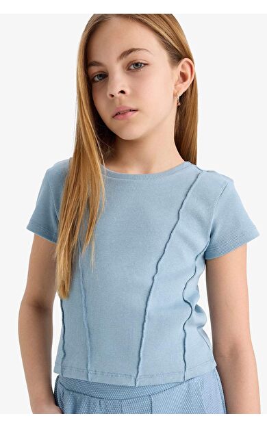 DeFacto Kız Çocuk Slim Fit Dar Kesim Bisiklet Yaka Basic Düz Ribana Kısa Kollu Tişört C0104A825SMBE760