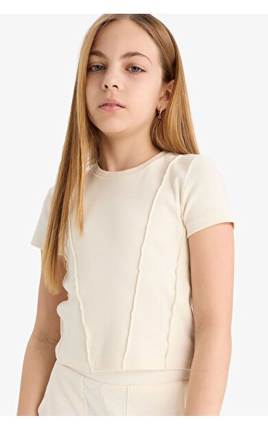 DeFacto Kız Çocuk Slim Fit Dar Kesim Bisiklet Yaka Basic Düz Ribana Kısa Kollu Tişört C0104A825SMER98